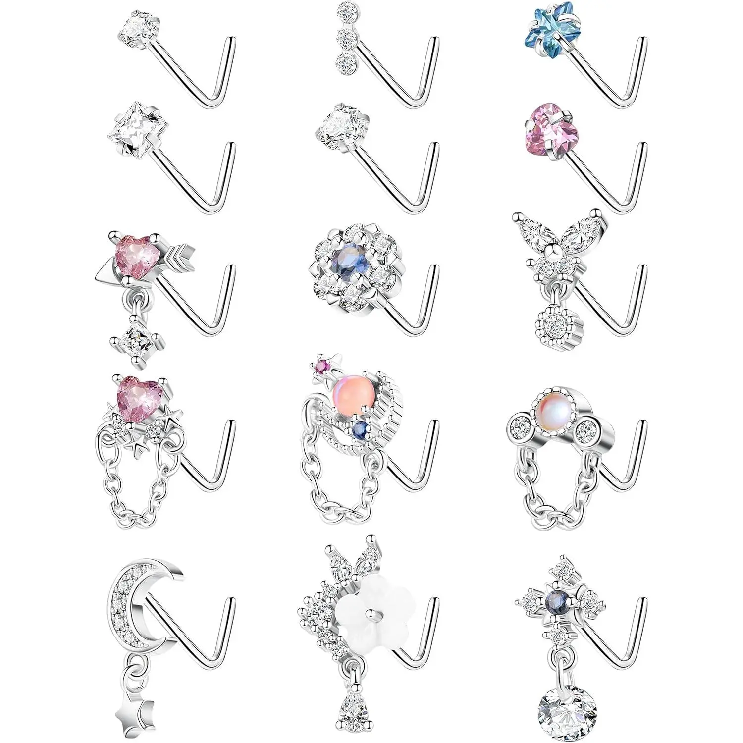15 count 20G 316L Stainless Steel Dangle Nose Studs for Women L Shape Nose Stud Moon Chain Heart Flower Nose Rings CZ Dangling Nose Piercing