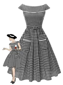 BLACK 1950S GINGHAM PLAID LACE TRIM BELTED DRESS Casual Womenswear Summer Shortsleeve with Classic Gingham Pattern and Delicate Lace Trim