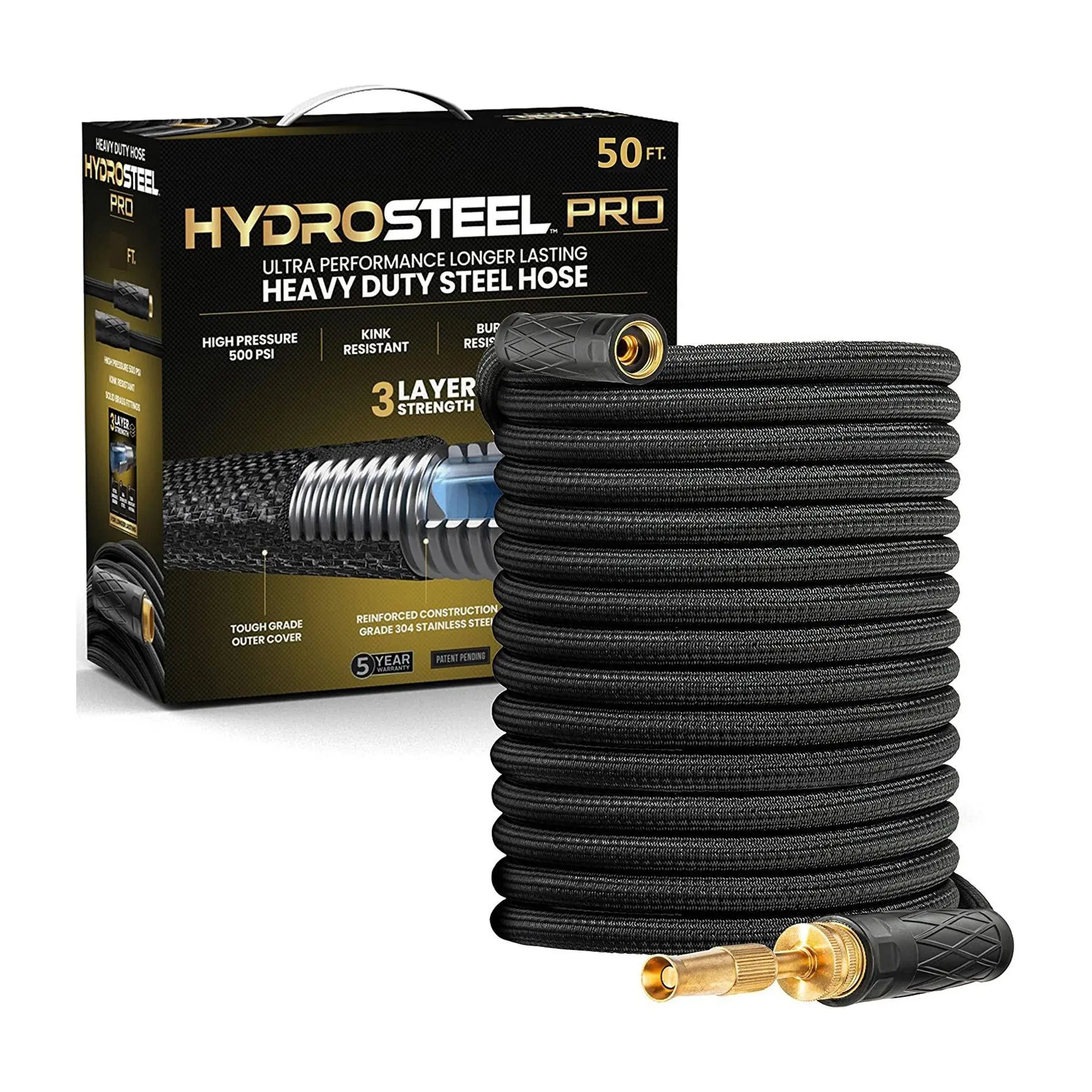 Hydrosteel Pro 50' Heavy Duty Ultra Durable Steel Garden Hose