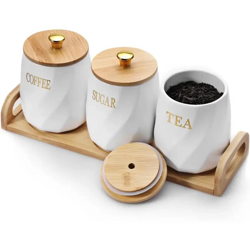 3-Pack White Ceramic Canister Set with Lids, Handle Tray & Covers - Coffee Bean Storage Jars, Sugar Containers for Countertop with Geometry & Leaf Designs