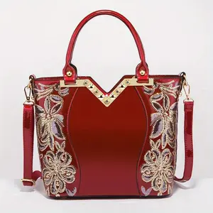 Floral Embroidery Shoulder Bag for Women, Large Capacity Tote with Paint Detail, Party & Work Purse, Zipper Closure