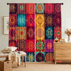 Set of 2, Bohemian Mandala Printed Curtains - Polyester Semi-transparent Rod Pocket Design, Machine Washable, Ethnic Style, Suitable for Bedroom Living Room Study Balcony and Teen Room Home Decoration, Privacy Protection