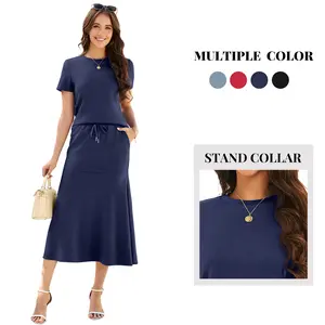 Casly Lamiit Women's Two Piece Sets Summer Casual Outfits Short Sleeve Top Fishtail Midi Skirts with Pockets Lounge Set Multiple Color Stand Collar Soft Breathable Fabric 2 piece sets #Springfresh