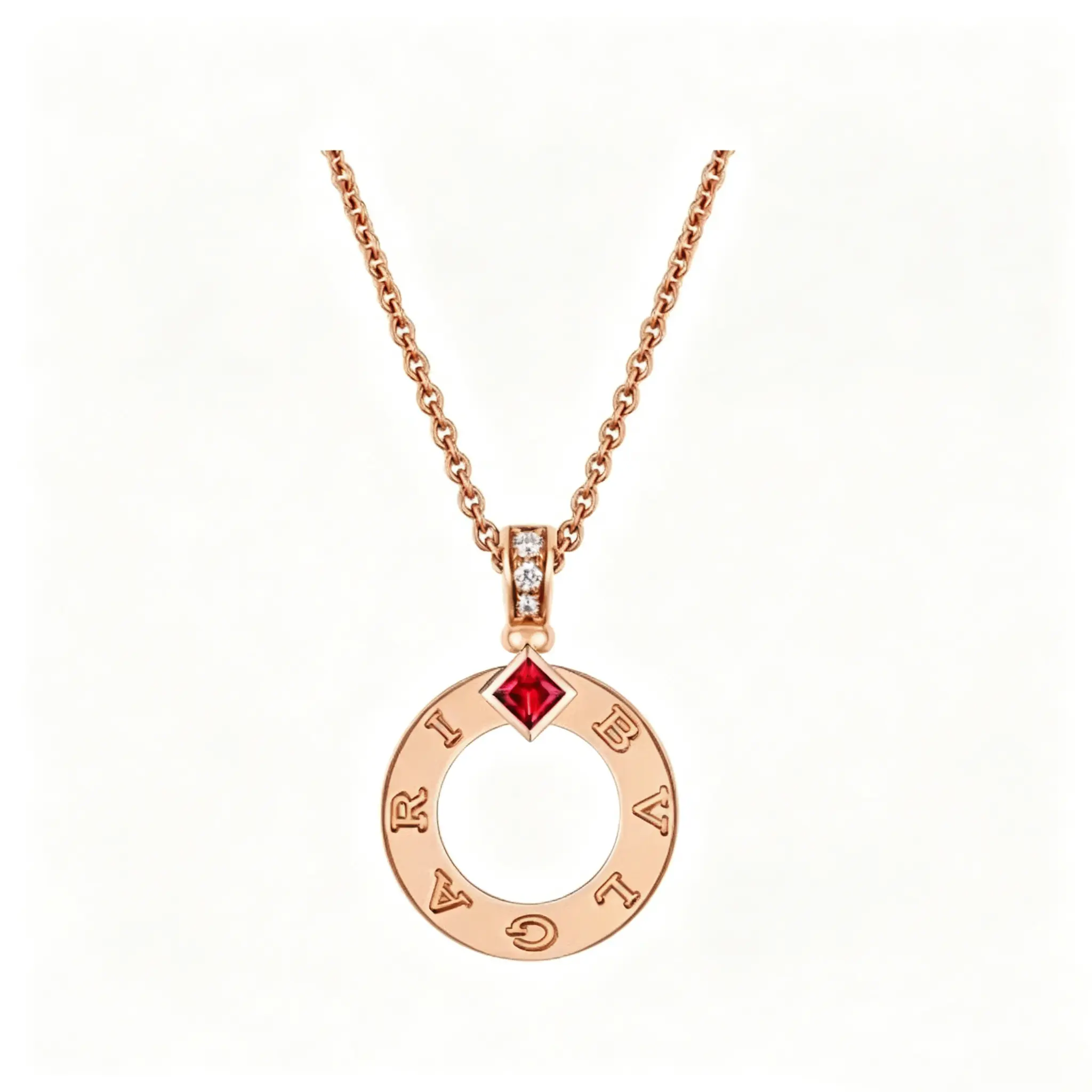 Pre-owned Bvlgari Bvlgari necklace with 18 kt rose gold chain and 18 kt rose gold pendant set with diamonds and ruby
