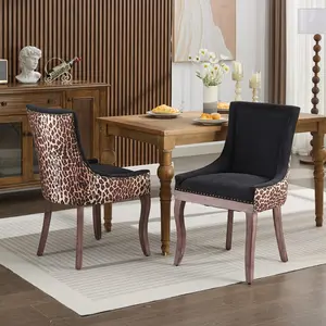 Hardware A&A Furniture,Ultra Side Dining Chair, Thickened fabric chairs with neutrally toned solid wood legs, Bronze nail head, Set of 2,Leopard Print