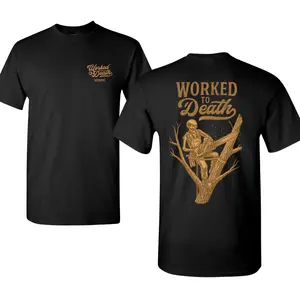 Worked to Death T-shirt with Skeleton Logger on Tree and Chainsaw Art, 2 Sides Graphic Tee, Soft Cotton Blend Shirt, Dark Humor Workwear for Men and Women, Funny Blue Collar Gift for Lumberjacks and Hardworking Crews