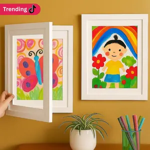 FURPAWTRAIT 2 Pcs White Kids Art Frame 13x10 Magnetic A4 Storage MDF Front Loading Holds 150-200 Artwork Couple Gift Christmas Festive Wooden Gallery Style Hanging Keyholes Flexible Orientation Trending