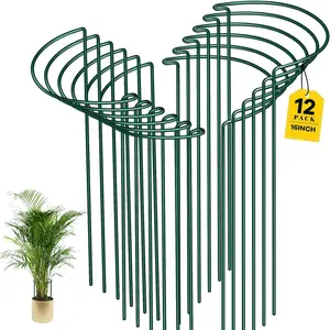 12 Pack  Support Stakes, 10" Wide x 16" High Half Round Metal Peony Cages and Support, Green Garden  Stake  Support Ring Border for Peony Tomato, Hydrangea, Flower Indoor Outdoor