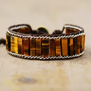 Natural Tiger Eye Tube Leather Braided Cuff Bracelet Protection Healing Vintage Tibetan Handmade Men Women Bracelet