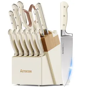 Astercook KitchenKnifeSets High-Quality Stainless Steel 14-Piece Set with Precise Engraving Durable Features and Ivory Handles Block Meat Shaped Steak Thick