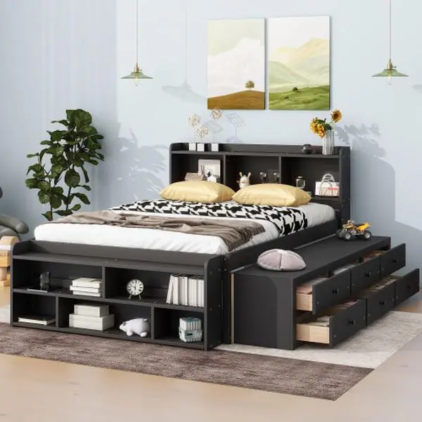【Bellemave】Full Bed with Bookcase Headboard, Under bed Storage Drawers and Bed End Storage Case