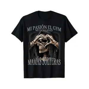 Men's 100% Cotton Graphic T-Shirt with "Mi Pasion el Gym Mi Debilidad Mamas Solteras" Print - Black Casual Tee for Spring Summer Daily Wear Menswear Top