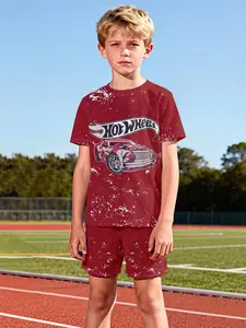 Hot Wheels Splash Ink Supercar Two-Piece Short Sleeve and Shorts Set, 100% Polyester Casual Loose-Fit Outfit, Fun Printed Patterns for Summer, Outdoor Sports T-Shirt Set, Perfect Gift for Boys