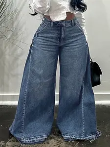Vintage Wide Leg Denim Jeans for Women Womenswear Y2K Unique Design Flare Pants Loose Fit Versatile Floor-Length Long Pants