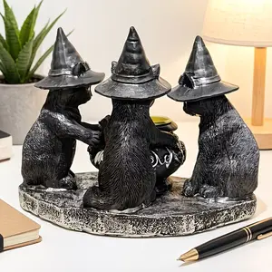 Halloween Decorative Ornaments, Three Witch Cat Sculptures, Resin Decoration, Handmade Craftsmanship, Perfect for Festive Celebrations