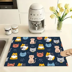 Cute Cat Print Coffee Machine Mat, Non-Slip Washable Alginate Drying Pad, Coffee Theme Design, Perfect Bar Decor, Suitable for Countertop and Kitchen