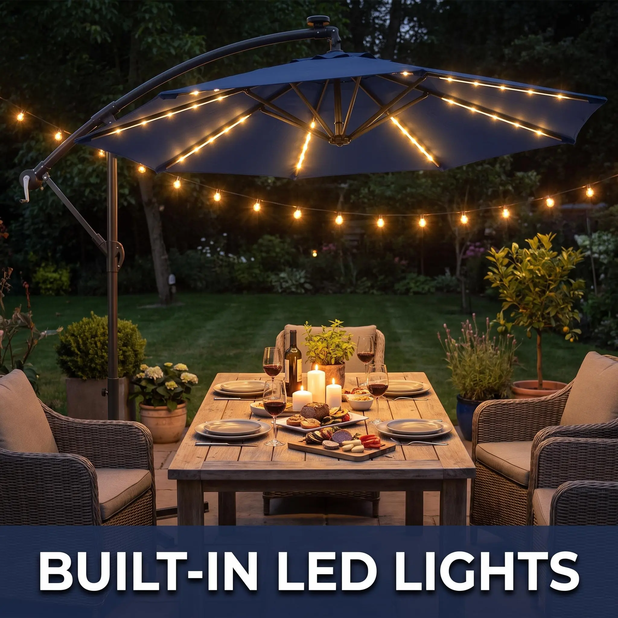 10FT Oversized Sunshade Umbrella,Hanging Cantilever Umbrella Outdoor Sun Shade,Easy Tilt Adjustment, 8 Ribs, UV Protection with 32 LED Lights