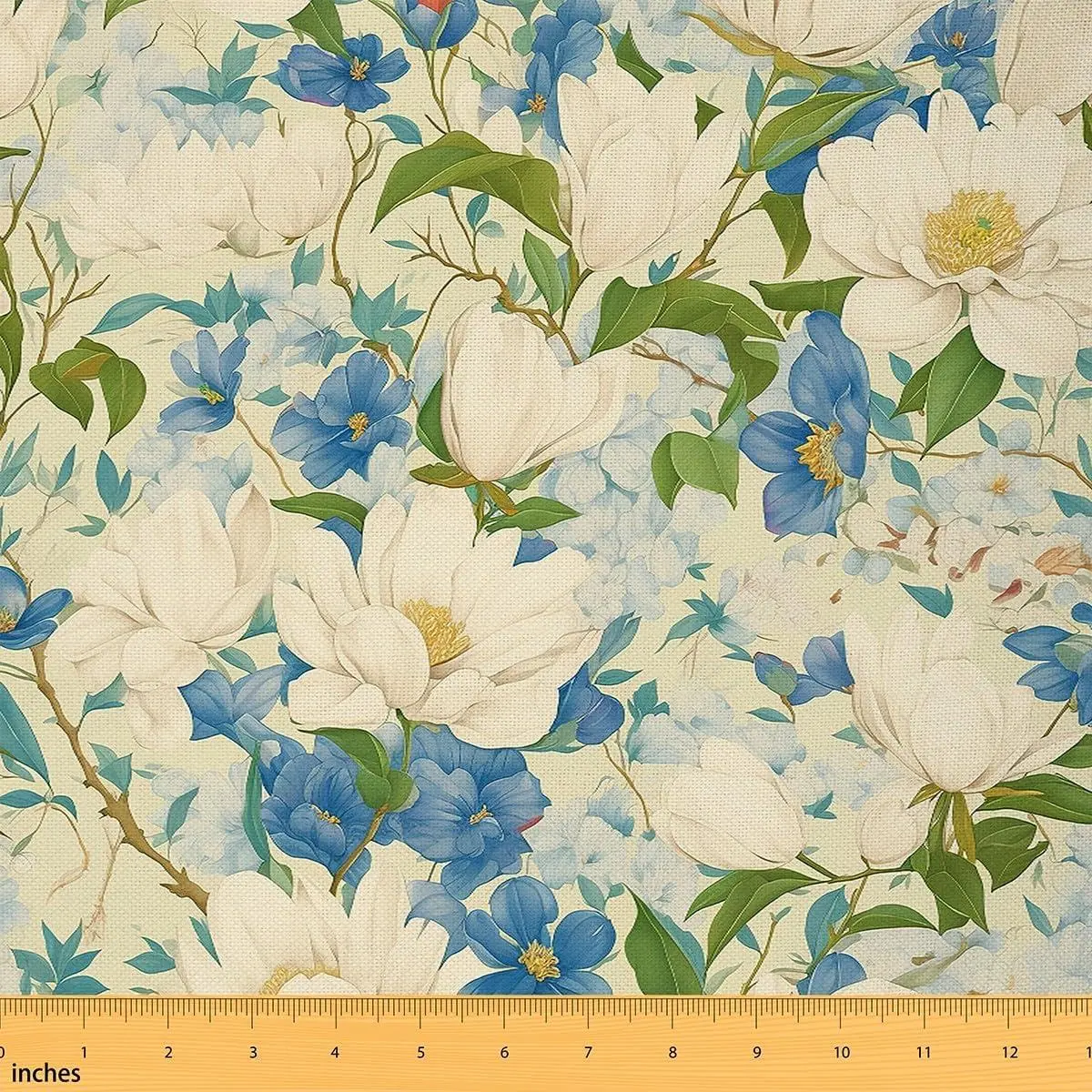 White Flowers Flannel Fabric - Fresh Floral Garden Upholstery,Botanical Leaf Indoor Not Stretchy,Spring DIY Decorative - Blue Green White