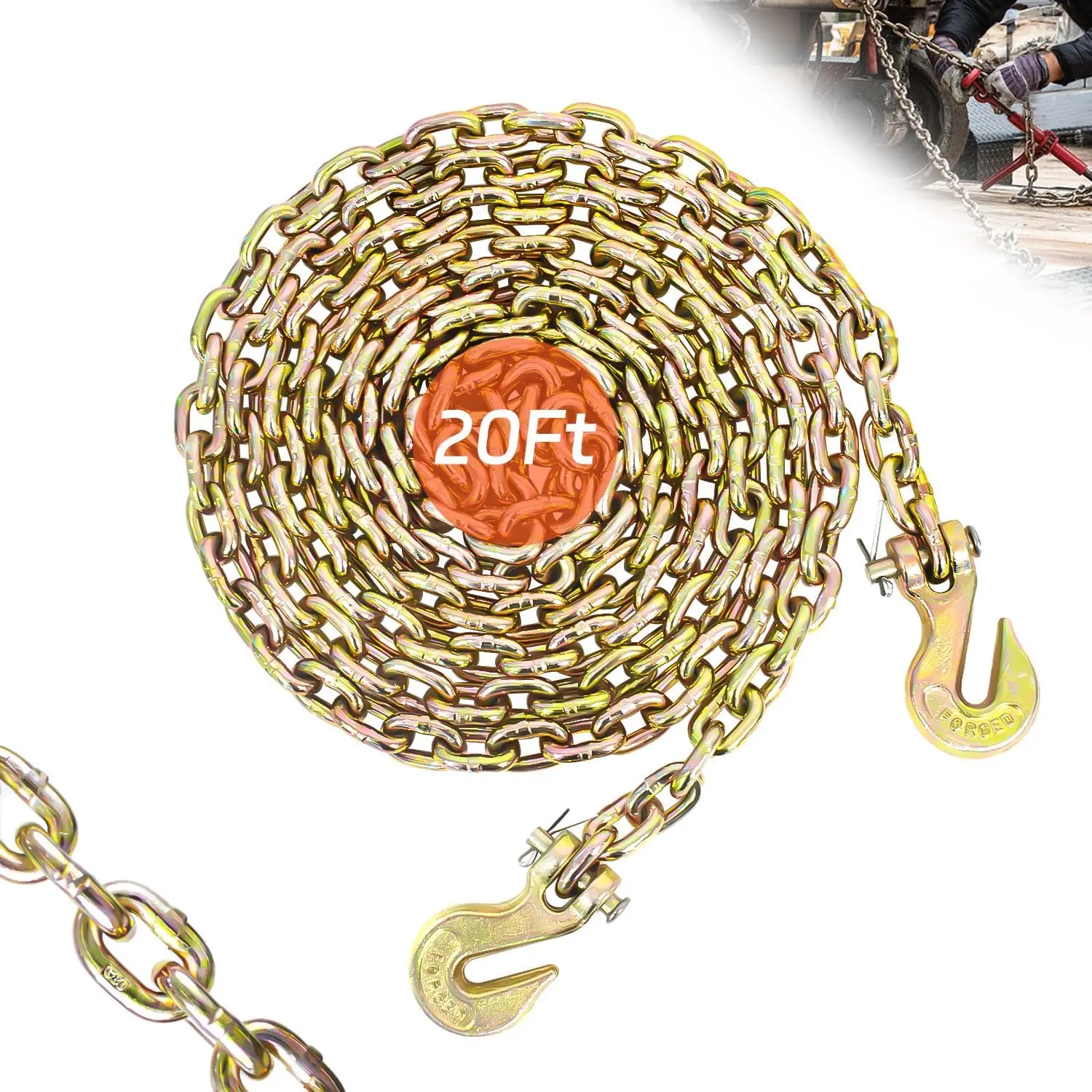 1/4" Tow Chain |   WLL 3,300 Lbs |   20FT High Strength Chain G80 Heavy Duty Log Chain with Clevis Grab Hooks for Towing |   Trailer Transport Safety Chain for Truck Tie Down Binding Equipment
