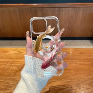 Clear Phone Case with Koi Fish & Flower Pattern, Anti-drop Cellphone Protective Case, Total Protective Shockproof Mobile Phone Cover for iPhone 16 15 14 13 12, Casing