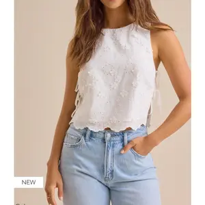 Women Summer Casual Tie up Side Floral Embroidery Sleeveless Tank Tops
