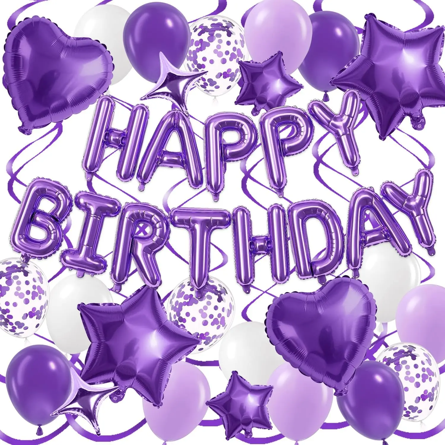 Purple Birthday Decorations for Women, Happy Birthday Balloon Banner with Heart Balloons Star Foil Balloon Purple Balloons for Happy Birthday Decorations Set