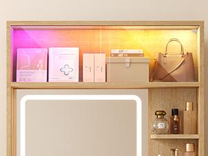 Sikaic Small Vanity Desk with Mirror and Lights, Sound Sync LED Lights, Fluted Wood Compact Makeup Vanity Table Set with Teddy Fleece Chair, Storage Drawer, Shelves, Bedroom