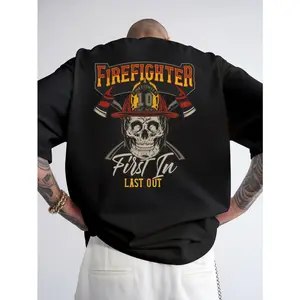 Mens Firefighter Graphic T Shirt Vintage Skull Back Print Short Sleeve Crewneck Streetwear Soft Cotton Casual Summer Tee For Fire Department Supporters