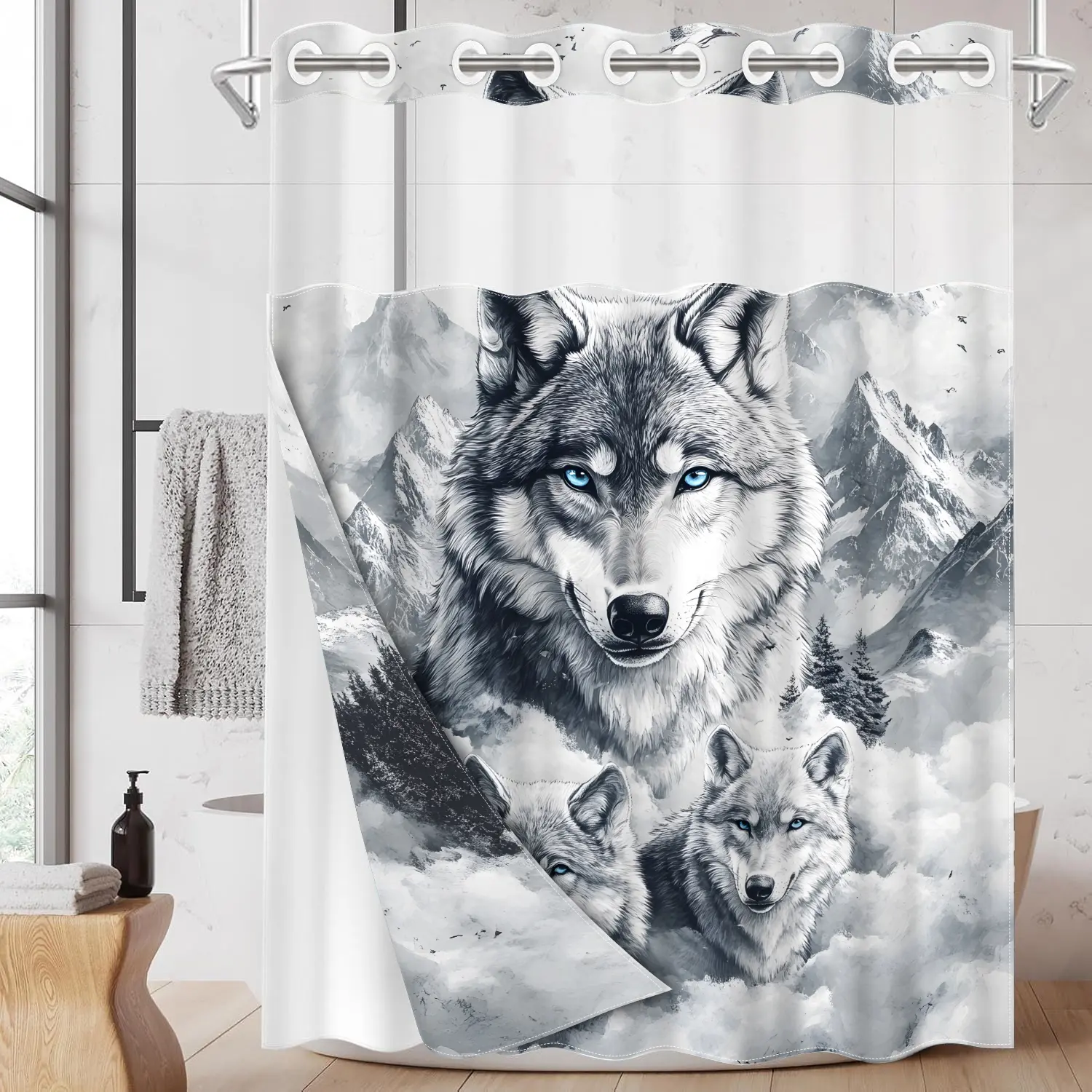 1PC 2D Flat Wolf Pack Snow Mountain Pattern Double-Layer Woven Cool Decorative Shower Curtain (No Hooks), Transparent Top Window, Removable Liner with Clips, Modern and Unique Home Bathroom Partition Art Decoration, Bathroom Decor, Holiday Decoration