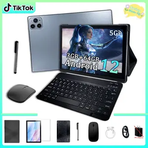 10.1-inch Android tablet, 64GB storage expandable up to 1TB, octa-core processor, HD screen, dual cameras, dual-mode for entertainment and office work, WiFi supported, 8-piece keyboard & mouse set, no adapter included, available in pink/blue/silver