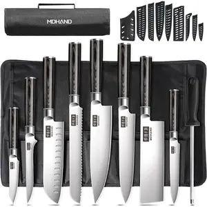 MDHAND Chef Knife Set with Roll Bag, 9PCS Professional Knife Sets with Sharpener, High Carbon Stainless Steel Japanese Kitchen Knives - Black Pakkawood Handle, Dishwasher Safe, For Cooking, Chef Gifts, mothersdaygift#Summervibes