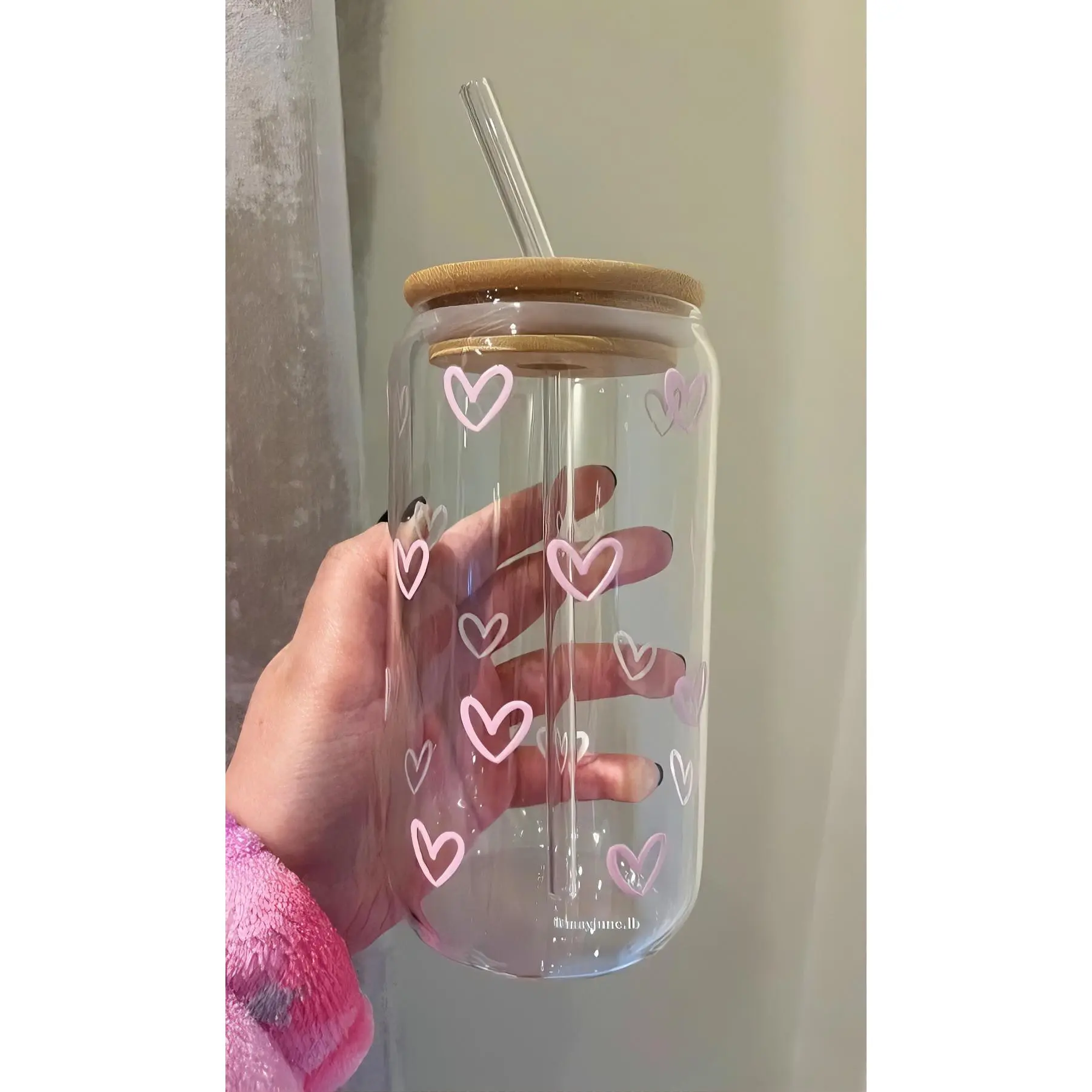 Heart Pattern Glass Jar with Bamboo Lid and Straw for Drinks and Snacks