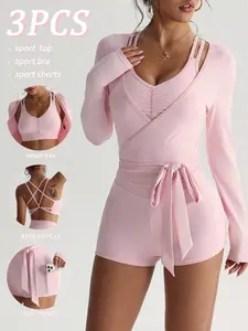SLYNVIA Charm 3pcs Womens Spring Summer Sports Set Powder Pink Tie Up Long Sleeve V Neck Top with Criss Cross Back Sports Bra and Shorts