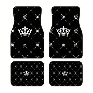 4pcs Car Floor Mats- Black Background with Metal Crown Pattern, Suitable for Cars, Trucks, SUVs, Easy-to-Clean, Automotive Floor Mats