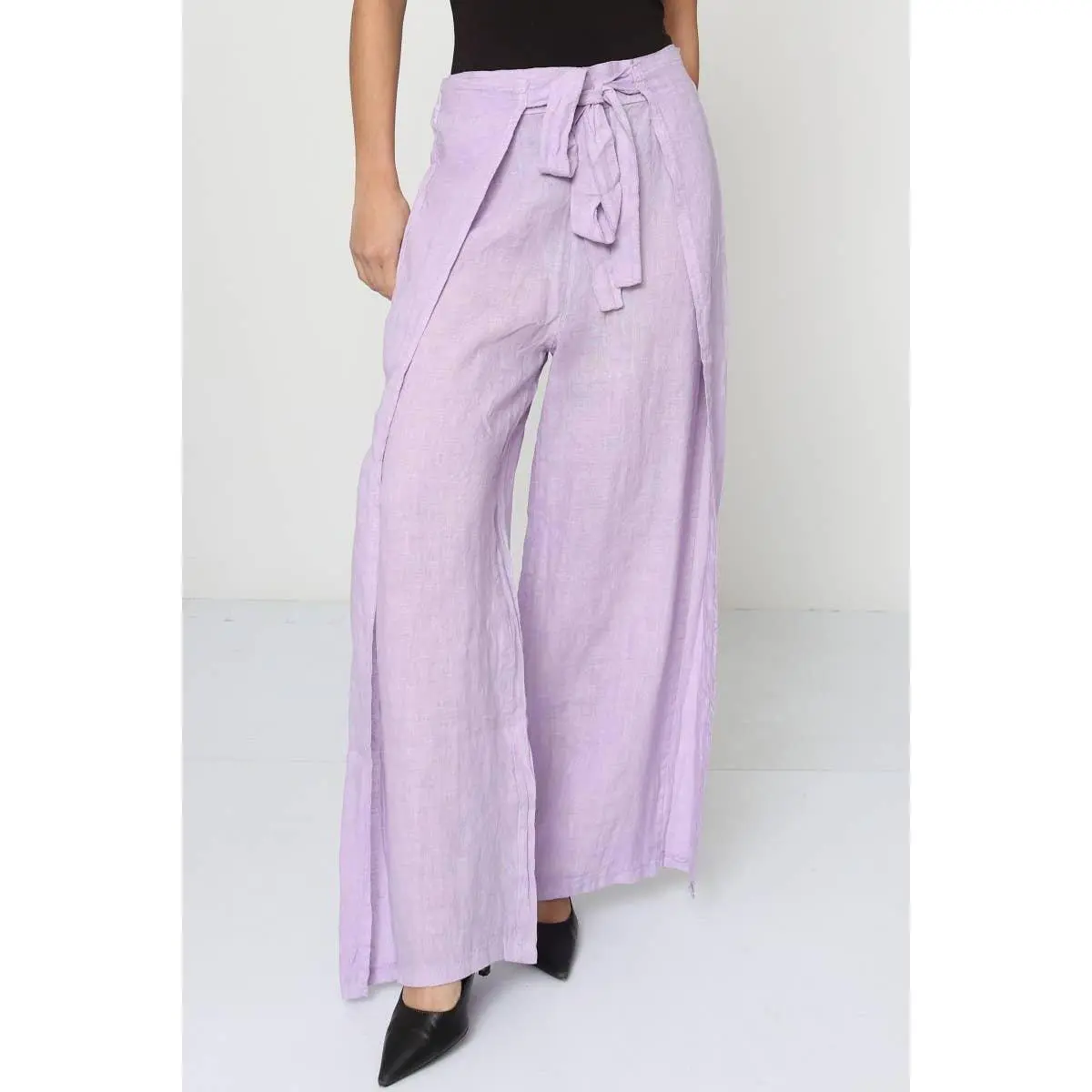 Women's Minimalist Wide Leg Pants, Linen Fabric Basic Front-Tie Trousers with Tied Waistband, Lilac Bottoms
