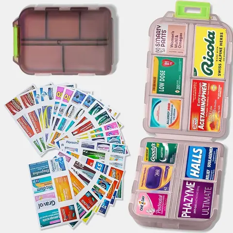 10-Slot Quick Pick Lockable PP Pill Organizer for Adults - Healthcare Travel-Size Wipe-Clean Pill Dispenser with Compartments, Reusable Lightweight, 300+ Label Stickers, Storage Pouch