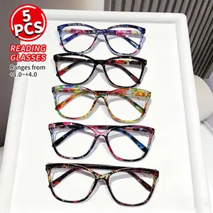 5 Pairs Fashion Women's Reading Glasses, Multi-Color Random Print Tie-Dye Cat Eye Style, +1.0 to +4.0, Clear Vision for All Seasons, Reading Eyeglasses