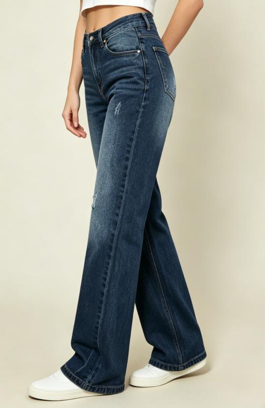 High Waisted Dark Wash Wide Leg Jeans for Women, Casual Loose Fit Stretch Denim Pants with Distressed Details, Comfortable Straight Leg Trousers for Everyday Streetwear