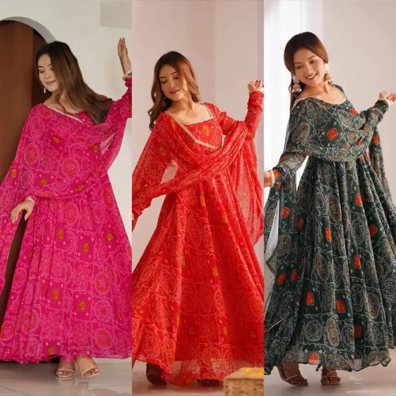 Badhani Work Anarkali 3-Piece Set - Pink Dress with Long Sleeves & Matching Outfit for Casual Women's Wear - Womenswear
