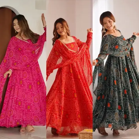Badhani Work Anarkali 3-Piece Set - Pink Dress with Long Sleeves & Matching Outfit for Casual Women's Wear - Womenswear