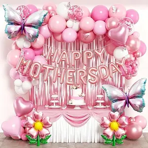 Mother’s Day Decorations Set with Balloons Pastel Pink & Metallic Confetti Balloons White Butterfly & Flower Foil Balloons Happy Mother’s Day Party Supplies for Mom Celebration