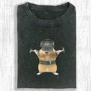 Bodybuilder Hamster T-Shirt, Hamster Lifting Dumbbells Graphic Tee, Retro Aesthetic Gym Rodent Art Shirt, Gym Rat Meme Top