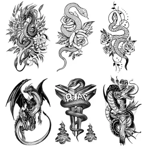 6 Realistic Waterproof Temporary Tattoos with Dragon and Snake Designs, Stylish Unisex Body Art for Back Arm Leg Chest Wear