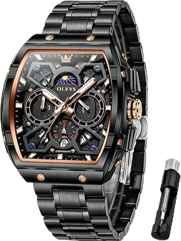 OLEVS Men’s Analog Quartz Luxury Watch, Diamond Accents, Water Resistant, Chronograph, Stainless Steel, Large Square Dial, Date & Moon Phase, Roman Numerals, Dress Watch, Model 2942