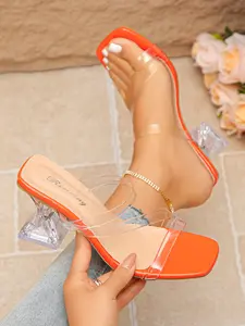 Women's Transparent Summer Sandals, New One Strap Design Crystal Heel Open Toe Thick Sole Slippers, Elegant Medium Width Shoes