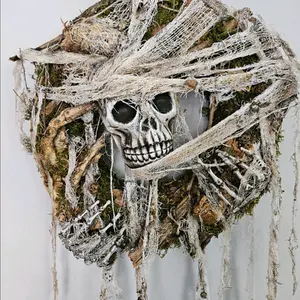 skull wreath,cemetery decor Hanging Spooky Halloween Door Outdoors