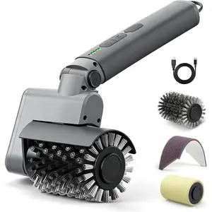 Electric Grill Brush 3-in-1 Kit – Cordless BBQ Cleaner with Reinforced Safe Metal Bristles – 2 Hours Runtime, Waterproof & Dishwasher Safe Removable Brushes for Deep Cleaning (Light Gray)