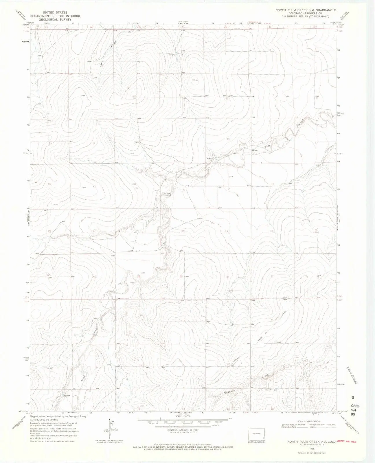 North Plum Creek NW Colorado USGS Topographic Quadrangle Map, 1968, 1:24000