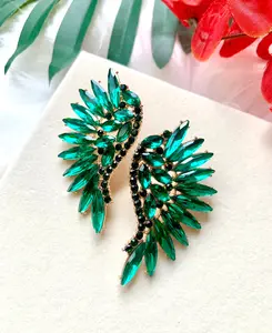 Glam Angel - Green Crystal Angel Wings Gold Plated Brass 2" Long Vivacious