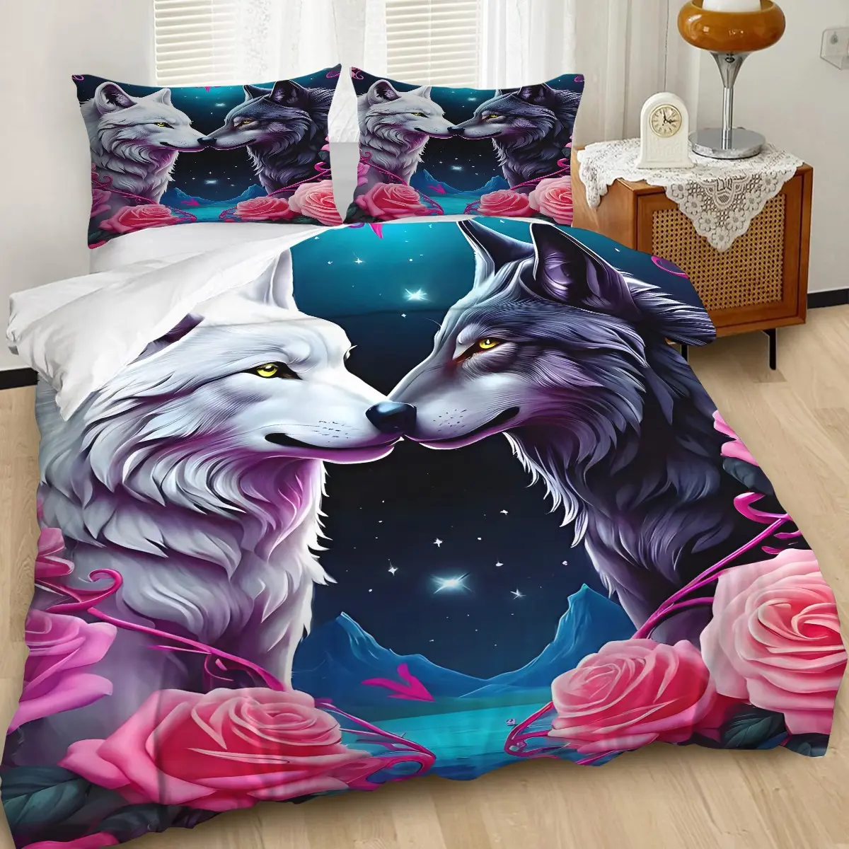 Dreamy Couple'S Wolf 2/3pcs Duvet Cover Set,White-Haired Wolf Dark Gray Fur Purple Hue Intimate Mysterious Ethereal Bedding Set,Made Soft Ultra-Fine Fiber Material,Sky Animal Comfort Warm,Includes 1 or 2 Pillowcases-Fillers Not Included/Zipper Closure.
